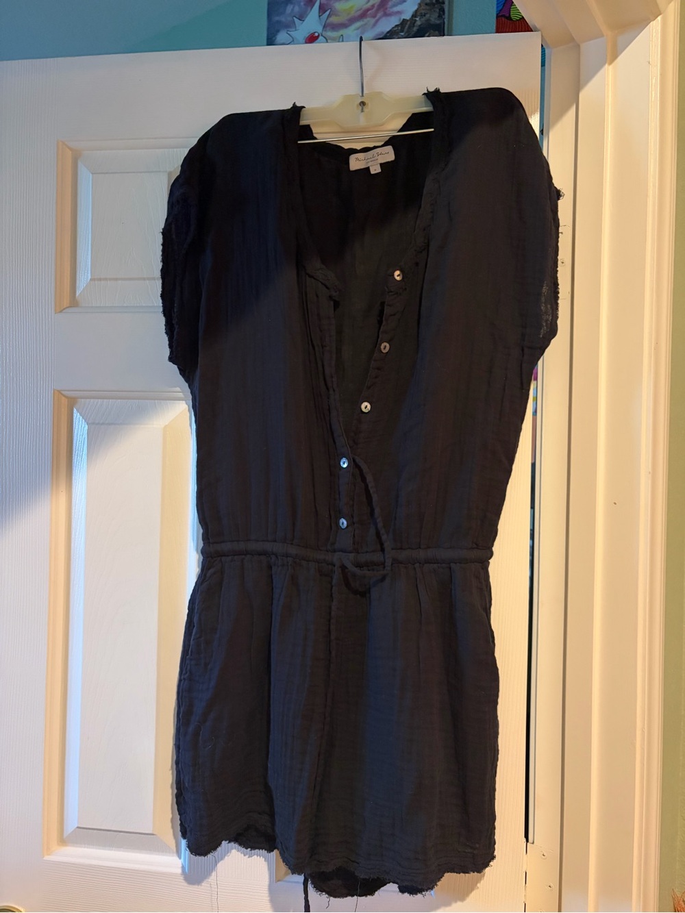 Michael Stars Black Button-Front Short Sleeve Romper with Drawstring Waist